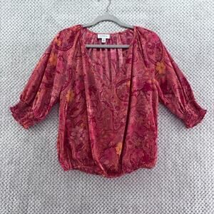 EVEREVE Top Womens S Orange Paisley V-Neck Smocked Sleeves